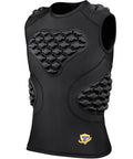 Black youth padded compression shirt with chest guard for football, basketball, lacrosse; machine washable with durable rib shield.