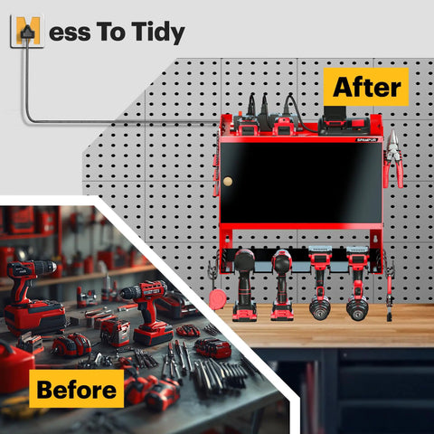 Heavy Duty Wall Mounted Power Tool Organizer With Integrated Charging Station And Six Outlet Strips, Insanely Solid Metal Garage Cabinet Keeping Your Drills Locked Tight, No-Sweat Setup Slick Gear Hub For Garage Bliss organized tools mounted on a wall.