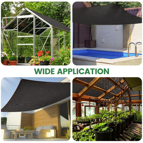 Image showing 70 Percent Shade Cloth 20x20 Ft HDPE Mesh Tarp With Reinforced Grommets For Outdoor Shade installed over greenhouse, patio, pool, and garden.