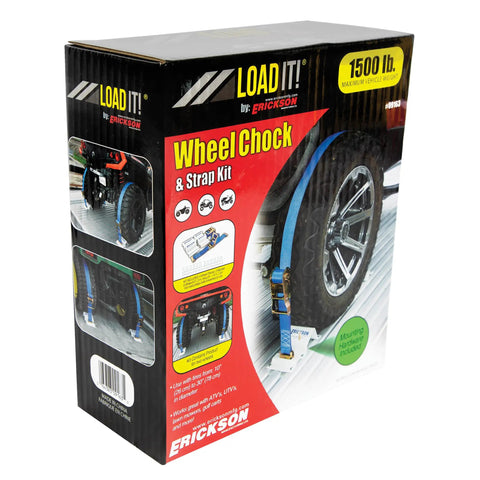 Built Tough To Keep Your Rig Locked Down With Heavy Duty E Track Wheel Chock Tie Down Kit in packaging showing features.