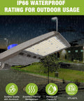 Beastly Bright LED Parking Lot Light Shoebox with Dusk to Dawn Sensor mounted, showing IP65 waterproof feature in rain.