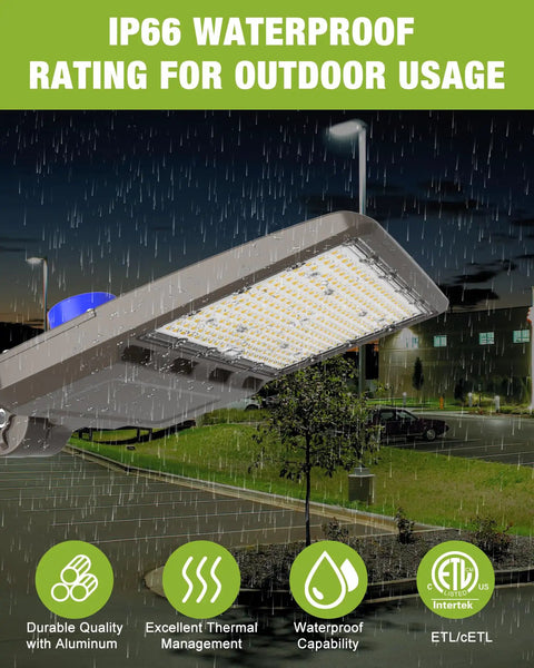 Beastly Bright LED Parking Lot Light Shoebox with Dusk to Dawn Sensor mounted, showing IP65 waterproof feature in rain.