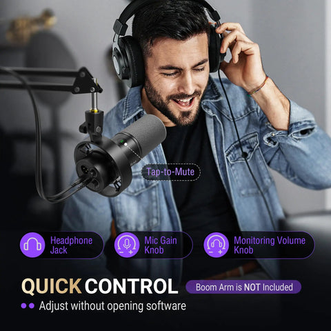 Dynamic XLR USB Podcast Microphone For Vocal Recording And Streaming With Mute Button shown with headphones and arm setup