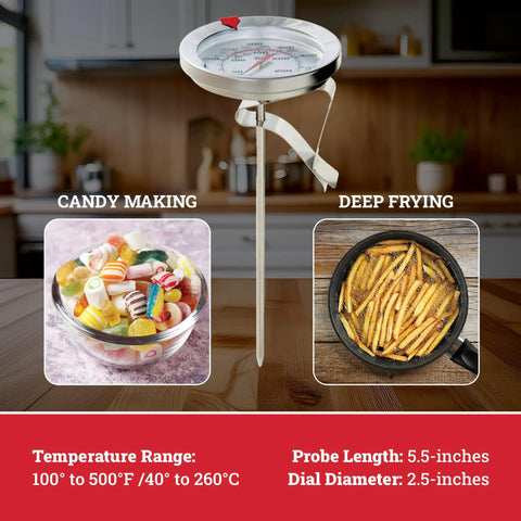 Stainless Steel Deep Frying And Candy Thermometer With Pot Clip, 5 Inch Probe, NSF Certified, on kitchen counter.