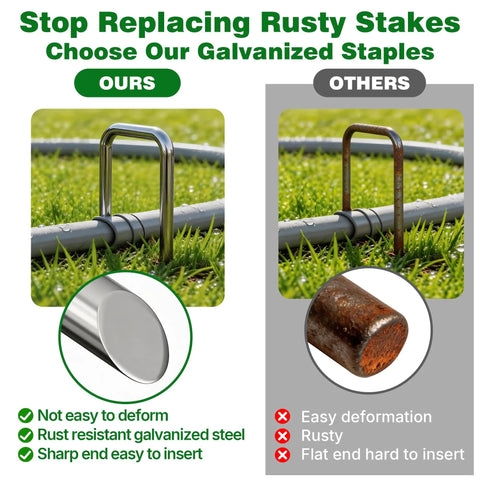 Comparison of Heavy Duty Galvanized Landscape Staples 6 Inch U Shaped sod pins and rusted alternatives in grass setup.