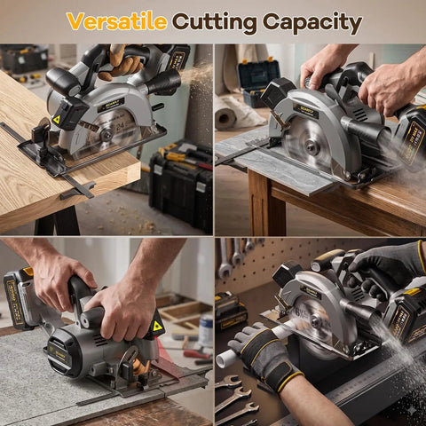 Six And A Half Inch Cordless Circular Saw Delivers Badass Cutting Force Through Double Four Ah Power Packs And Lightning Fast Charger in action cutting wood and metal.