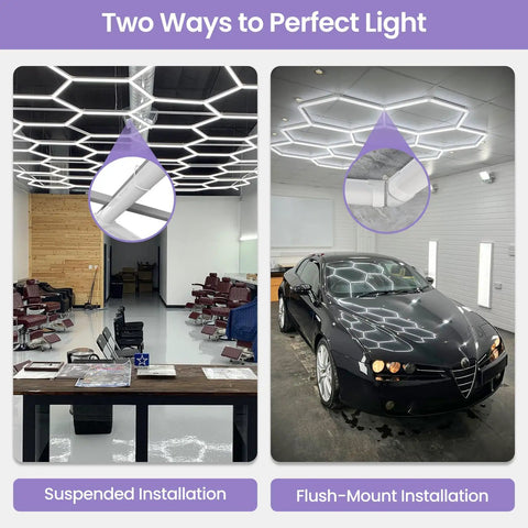 Insanely Bright Honeycomb Hexagon LED Garage Light 5 Pack 192W With Three Color Temperatures 3000K 4500K 6500K Daylight Like Illumination installed