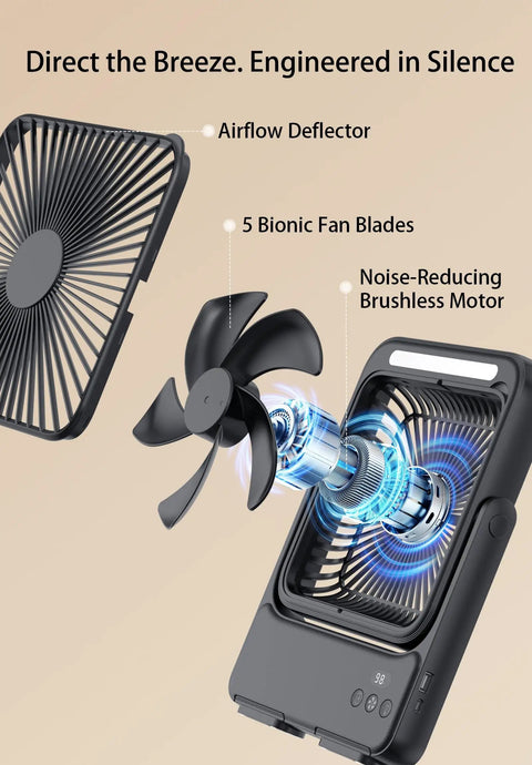 Internal view of Ultra Slim 20000mAh Magnetic Cruise Approved Fan With Night Light showcasing airflow deflector, fan blades, and motor.