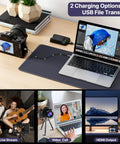 8K Ultra HD Vlogging Camera with WiFi connected to a laptop for USB file transfer and charging, showcasing live stream and video call features.