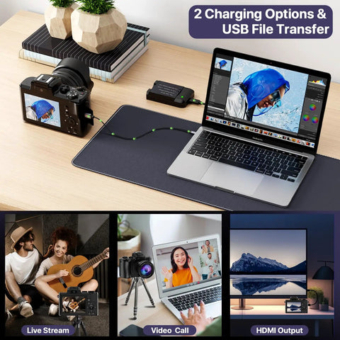 8K Ultra HD Vlogging Camera with WiFi connected to a laptop for USB file transfer and charging, showcasing live stream and video call features.