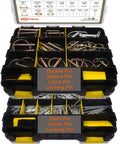 380 Pcs Heavy Duty Pin Kit For Trucks Trailers Tractors Mowers And Hitches Includes Square PTO Pins, Lynch Pins, Hair Pins, R Clips, Cotter Pins And Double Pins In Zinc Plated Steel For Rust Resistance On Farm And Lawn Gear in an early image of multiple partitioned black and yellow storage kit open showing pins made of zinc-plated steel for corrosion rust resistance showing
