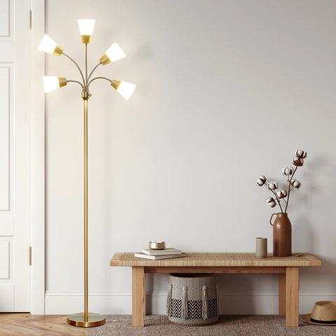 Lit Five Head LED Floor Lamp for Living Rooms and Offices Tall Standing Lamp with Interchangeable Shade 4000 Lumen Brass Finish