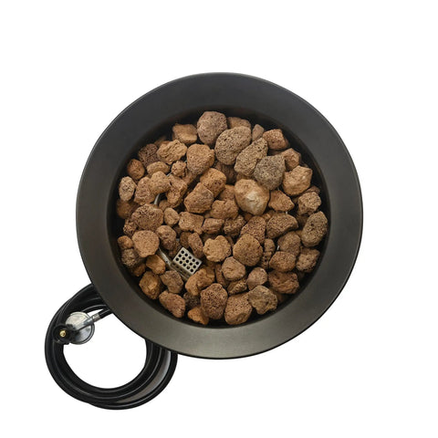 Top view of Portable Propane Fire Pit 19 Inch Round For Patio With 55,000 BTU Heat And Ambience showing lava rocks and gas hose.