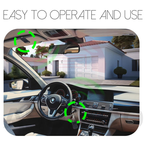 Car interior with 2-Pack G3T R Remote Replacement for Genie Garage Door Opener highlighted, house garage door view