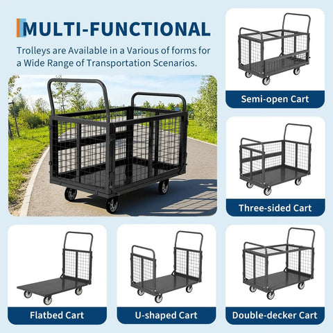Heavy Duty Platform Cart With Detachable Cage 39 By 24 Inch Hand Truck, 2000 Lbs Capacity, Multi Functional Cage Cart For Warehouse And Luggage Moving, Foldable Fence Design For Easy Storage And Boss Level Versatility, black steel cart