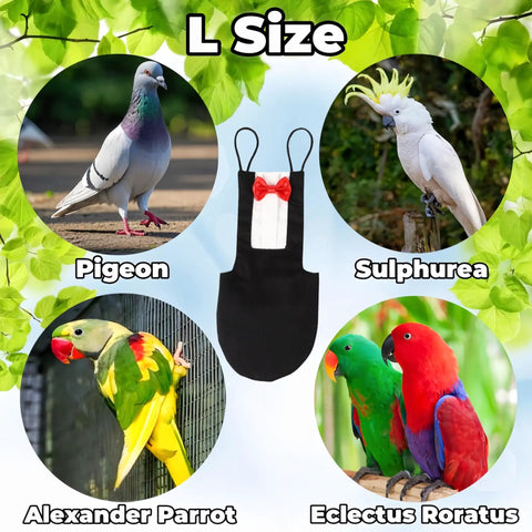Bird Diaper Harness Tuxedo Flight Suit With Waterproof Inner Layer for parrots, L size, shown with pigeon and parrots