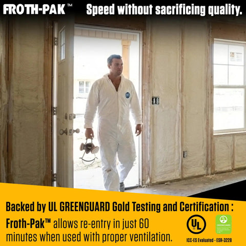 Top Shelf Closed Cell Spray Foam Insulation Kit Two Component Polyurethane Sealer With 15 Ft Hose in use by contractor in home.