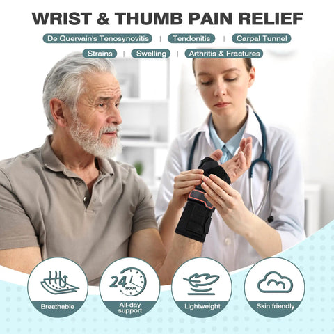 Doctor fitting Comfy Wrist Brace And Thumb Spica Splint For De Quervain's Tenosynovitis Tendonitis And Carpal Tunnel Arthritis Relief on patient