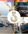 5/16 Inch Clevis Slip Hook With Safety Latch Four Pack Beefed Up Heavy Duty Chain Hooks For Trailer Safety Chain Forged Steel G70 Clevis Hook For Trailer Winch Tow 14,000 Lbs Capacity, shown with various towing setups and crane.