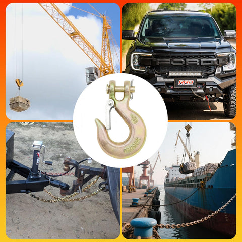 5/16 Inch Clevis Slip Hook With Safety Latch Four Pack Beefed Up Heavy Duty Chain Hooks For Trailer Safety Chain Forged Steel G70 Clevis Hook For Trailer Winch Tow 14,000 Lbs Capacity, shown with various towing setups and crane.