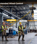 Warehouse scene showing shop ready electric chain hoist with 2200 lb capacity, 20 ft lift height, 20 ft wired remote in use