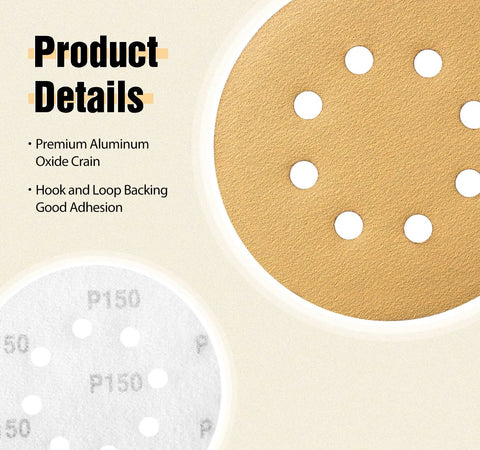 Pro Grade Five Inch Gold Sanding Discs Set 100 Pieces With 60 80 120 150 220 Grits For Orbital Sander Eight Hole Hook And Loop Backing Anti Clog Coating Heavy Duty And Non Slip Performance shown with premium aluminum oxide grain and P150 grit detail