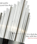 Close-up of Two Light Modern Titanium Black Crystal Wall Sconces Set Of Two With Clear Glass Rods For Bath Hallway And Bedroom Lighting Blingy Contemporary Accent Fixtures, showing high-quality crystal glass rods and E12 bulb base.