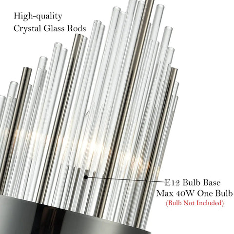 Close-up of Modern Two Light Crystal Wall Sconces Set Of Two In Black Glass Luxury Bathroom Wall Fixtures with glass rods