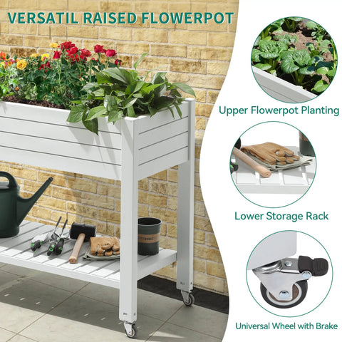 Elevated Garden Bed Kit With Legs And Wheels Large Resin Planter Box Stand With Drain Plug And Storage Shelf Perfect For Plants Vegetables Fruits Outdoor Durable Grayish White in a garden setting
