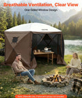 12x12 Pop Up Gazebo Sidewalls With Window Panel Set Waterproof And UV Protected Wind And Sun Privacy For Outdoor Events Includes Two Solid Panels And One Window Panel Fits Clam Escape And COBIZI Gazebo Shelters with a couple seated outside a gazebo, a campfire, and a scenic background.