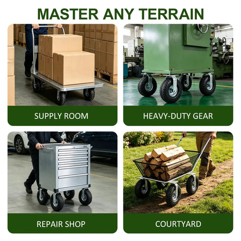 Heavy Duty 10 Inch Pneumatic Caster Wheels Set Of 4 With 2 Swivel And 2 Rigid Hubs Knobby Rubber Tires used on carts in various environments.