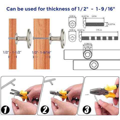 Illustration of installation details for Slap Some Fresh Style On Your Cabinets With These Sleek Brushed Nickel Round Knobs, Heavy Duty Zinc Euro Drawer Pulls, One And One Quarter Inch Furniture Hardware, Smooth Gliding Five Pack For Kitchen Remodel Refresh.