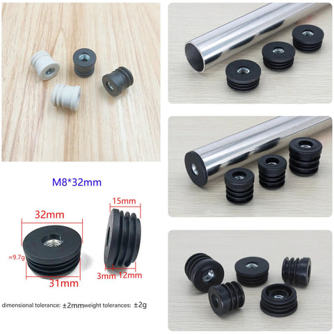 Six Pack 32mm Threaded Tube Plugs With M8 Holes, Black Plastic Round Nut End Caps For Furniture Legs, Compatible With Casters And Adjustable Pads, Durable Tube Plug Set shown with dimensions and placement examples