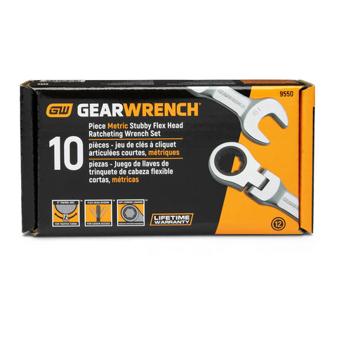 10-Pc Metric Stubby Flex-Head Ratcheting Wrench Set box with product image and details visible