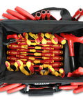 Insulated 66 Piece Tool Set With Pliers Cutters Nut Drivers Screwdrivers T Handles Knife Sockets Three Eighths Inch Drive Ratchet And Adjustable Wrench Pro Grade Electrician Kit in canvas bag.