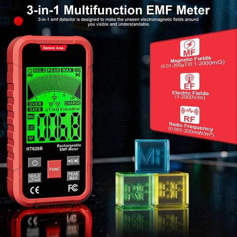 3-In-1 EMF Meter Portable RF EF MF Detector For Home And Office, Handy Signal Sniffer That Lets You Gauge Real Time RF Up To 3.5GHz, Electric Field In V Per Meter, Magnetic Field In mG Per uT, Perfect For 5G, WiFi, And Daily Detections, handheld unit with display
