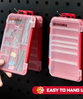 Two 4 Piece Red Portable Transparent Plastic Small Parts Organizer Case Sets hanging on wall, for screw bits and small tools with removable dividers.