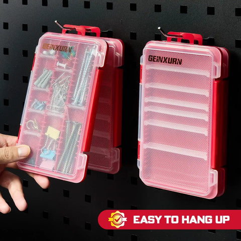 Two 4 Piece Red Portable Transparent Plastic Small Parts Organizer Case Sets hanging on wall, for screw bits and small tools with removable dividers.
