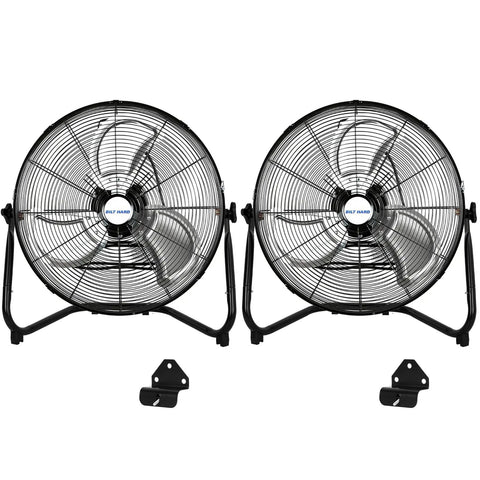 Two 20 Inch High Velocity Floor Fan 4600 CFM Three Speed Heavy Duty Metal Fan with wall mount brackets for industrial use.