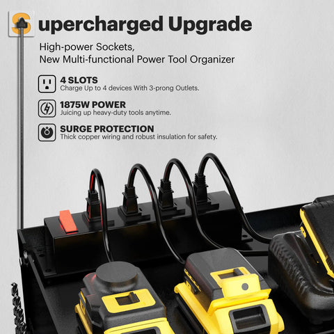Power Tool Organizer With Charging Station And Cabinet Pro Grade Heavy Duty Metal Wall Mount Rack For Workshop 4 Drill Holders And 4 Outlet Power Strip Pegboard Ready Garage Storage Solution close-up view.