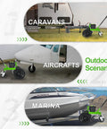 Heavy Duty Electric Trailer Dolly Moves 3600 Lbs With Ease, shown in outdoor scenarios with caravans, aircraft, and marina.