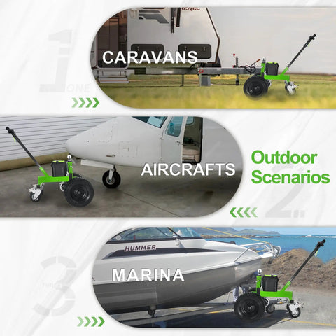 Heavy Duty Electric Trailer Dolly Moves 3600 Lbs With Ease, shown in outdoor scenarios with caravans, aircraft, and marina.