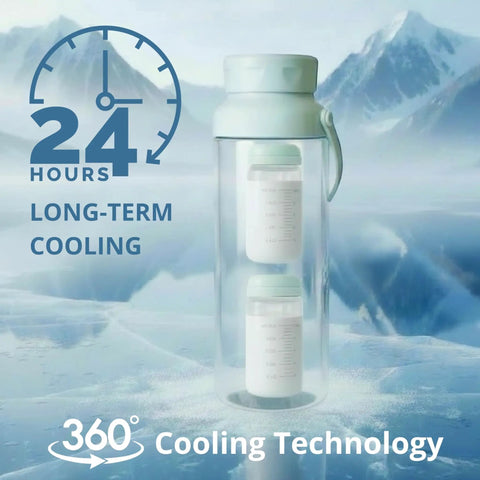 Portable 22oz Stainless Steel Breast Milk Cooler Bottle Keeps Pumped Stash Ice Cold For Up To Twenty Four Hours, shown with cooling technology.