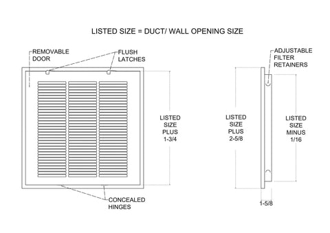 Fits 16x25 Duct Opening Return Air Grille With Filter Included And Removable Door Steel White Vent Cover diagram