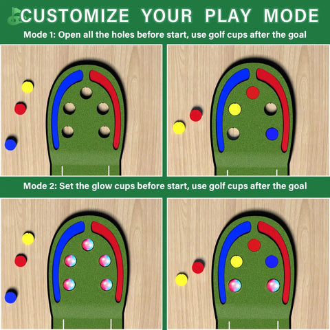Customizable modes for Upgraded Indoor Golf Putting Mat Set With LED Balls And Glow Cups, Irons And Putters shown in diagram.
