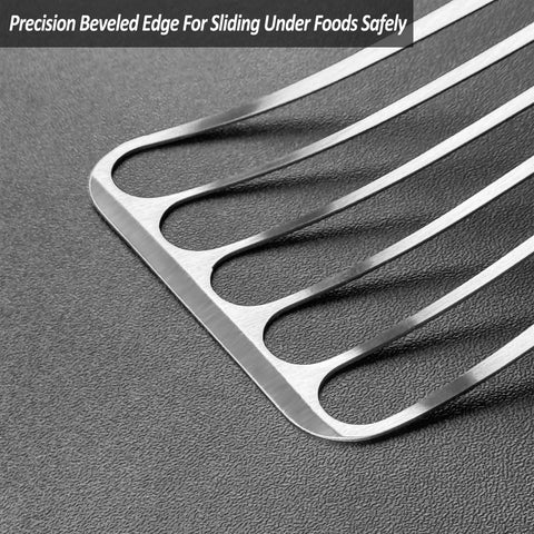 Slotted fish spatula blade in stainless steel with curved slots for flipping foods.