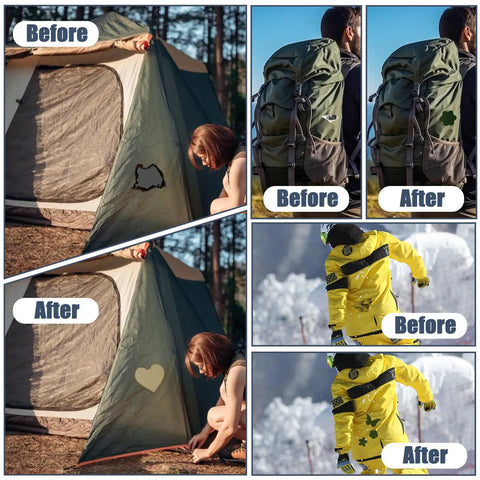 Before and after of ripped tent, backpack, and jacket repaired with 3 By 79 Inch Nylon Repair Patch Self Adhesive Fabric Tape.