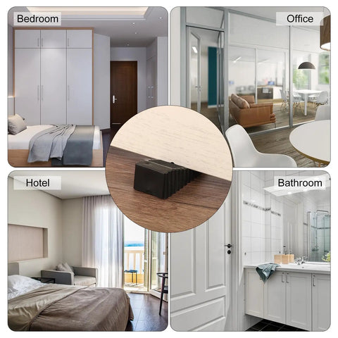 Six Pack Rubber Door Stoppers For Bottom Of Door 15mm Anti Slip Wedge Stackable Orange Door Stops To Guard Floors And Keep Doors Propped Open Fits Small Gaps And Thin Doors shown in bedroom, office, hotel, and bathroom settings.