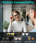 Person wearing smart glasses with text about Oakley Meta HSTN and Meta Ray-Ban Display compatibility, LED Light Blocking Stickers Kit For Ray Ban Meta Wayfarer Skyler Headliner Gen 2 And Oakley Meta HSTN Smart Glasses 20 Pieces Upgraded Blackout LED Light Covers For 2026 at bottom