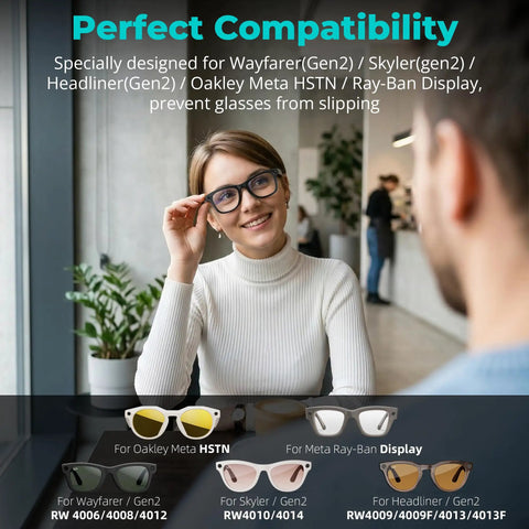 Person wearing smart glasses with text about Oakley Meta HSTN and Meta Ray-Ban Display compatibility, LED Light Blocking Stickers Kit For Ray Ban Meta Wayfarer Skyler Headliner Gen 2 And Oakley Meta HSTN Smart Glasses 20 Pieces Upgraded Blackout LED Light Covers For 2026 at bottom